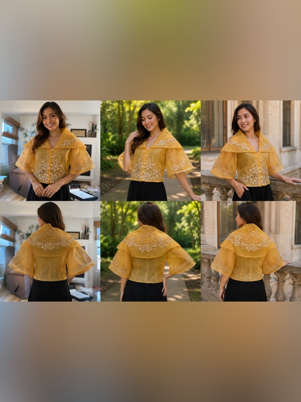 Filipiniana Balona Maria Clara Yellow Gold Embroidered Organza Bolero Jacket - Picture 6 of 7